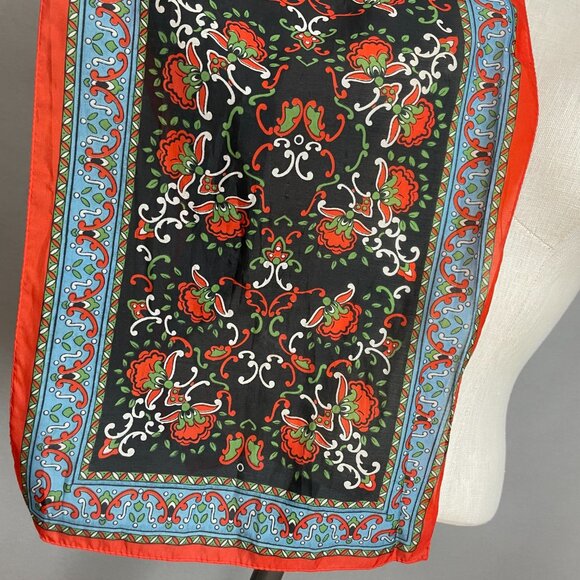Vintage Scarf Floral Long Retro Eclectic Artsy Colorful Black Orange Blue Green - Picture 5 of 13